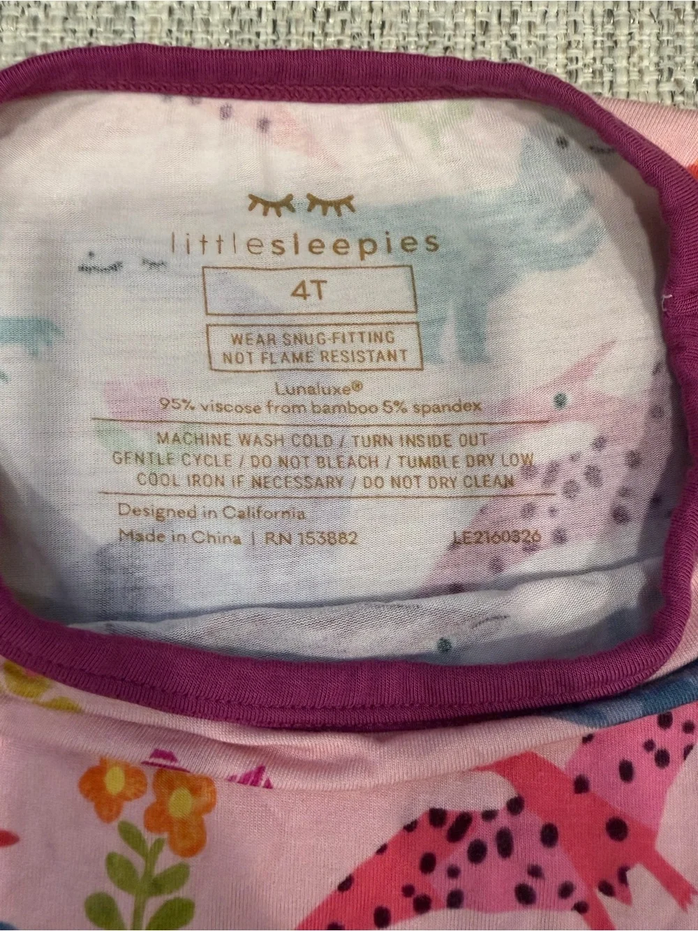 Little Sleepies Pink Dinosaur pajama Set with Purple & Teal Accents